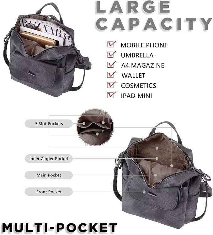 PU Leather Backpack Purse for Women Fashion Multipurpose Design Handbag Ladies Shoulder Bags Travel Backpack Grey