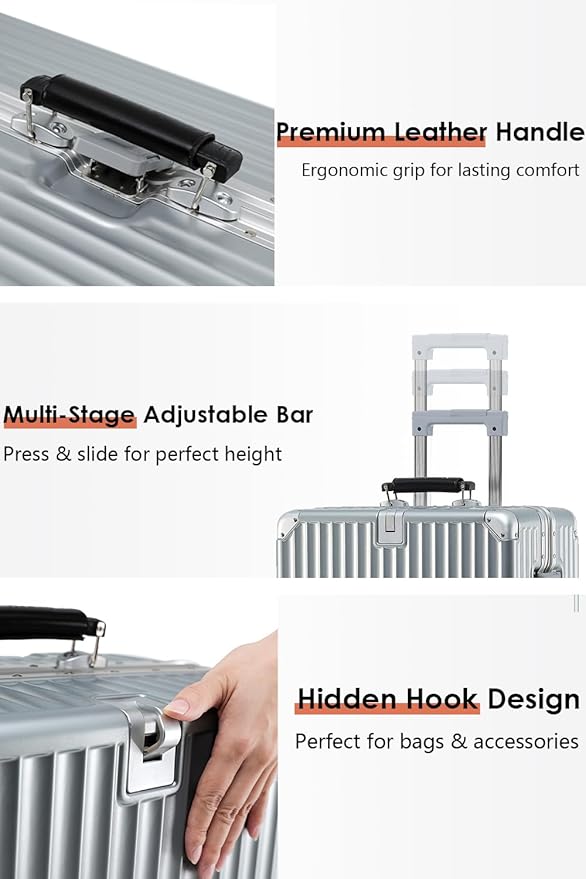 HotWay 24 Inch Hardside Checked Luggage with Leather Handle, PC Zipperless Suitcase with Spinner Wheels and TSA Locks, Lightweight Checked Luggage for Travel, Silver