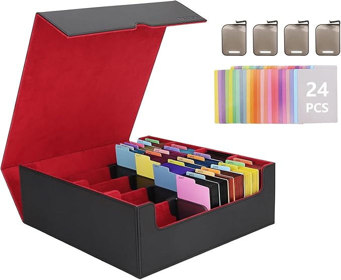 Venssu Card Storage Box For Trading Cards With Dedicated Card Supporters,3000+ Mtg Deck Box With 24 Colorful Divider Tabs,Trading Card Storage Fits For Magic Game Cards (Black and Red)