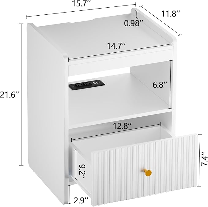 HIFYOBRO 21.6" Tall Fluted Nightstand Set, End Table with Charging Station and LED Light, Modern End Side Table with Drawer (White)