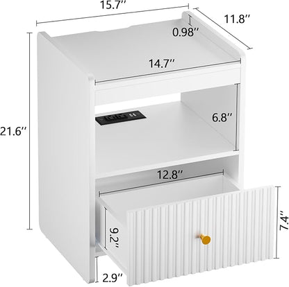 HIFYOBRO 21.6" Tall Fluted Nightstand Set, End Table with Charging Station and LED Light, Modern End Side Table with Drawer (White)