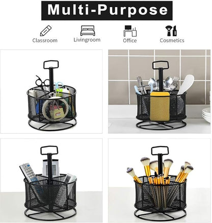 Marbrasse Mesh Desk Organizer, 360-Degree Rotating Multi-Functional Pen Holder, 4 Compartments Desktop Stationary Organizer, Home Office Art Supply Storage Box Caddy (Black)