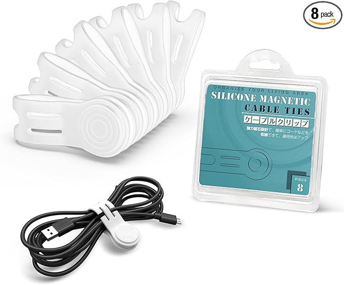 Magnetic Cord Ties Organizers, Kanemc Silicone Cable Tie Cord Wrap Reusable Twist Ties Wire Strap For Charging Cables Headphones USB Type C Cable Small Cords (8-Pack, White)