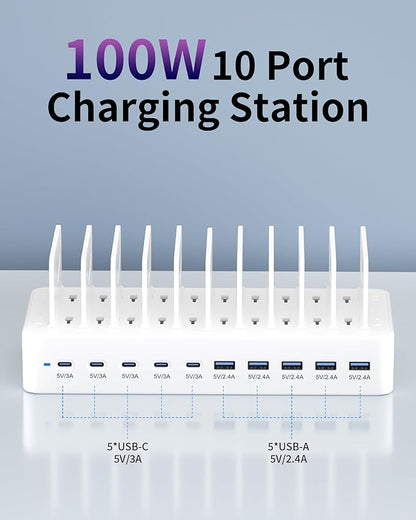 100W Charging Station for Multiple Devices, 10-Port USB Fast Charging Station with Adjustable Dividers & 10 Cables- Multi Device Organizer Charging Dock for iPhone, iPad, Tablets & More