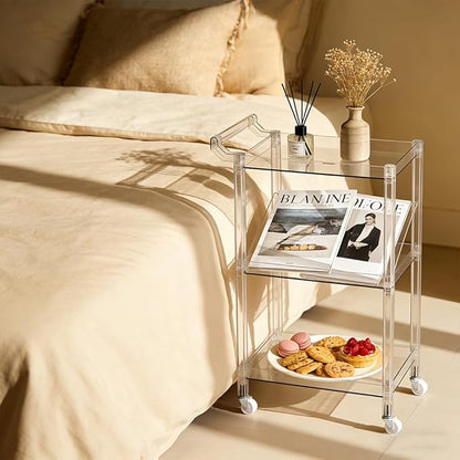 Acrylic Utility Rolling Cart, 3-Tier Clear Acrylic Storage Cart with Pulling Handle & 4 Wheels for Kitchen Living Room Dining Bathroom Laundry, Multifunction Serving Trolley for Small Spaces (Brown)