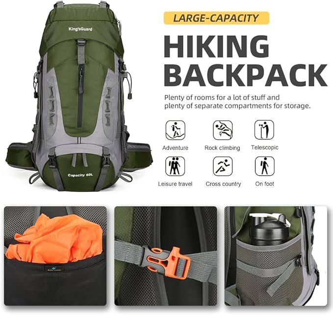 King'sGuard 60L Hiking Backpack Large Waterproof Camping Backpack for Men and Women Lightweight Frameless Backpacking Backpack with Rain Cover (Army Green)