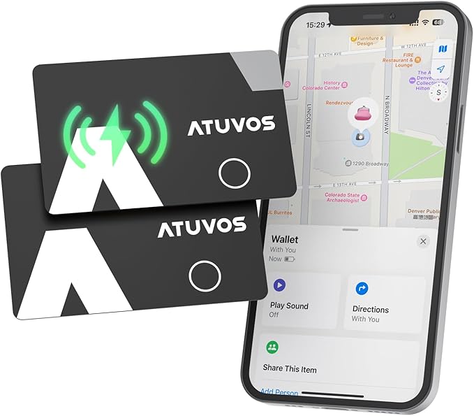 [2025 Apple MFi Certified] ATUVOS Rechargeable Wallet Tracker Card, Ultra Slim 1.6mm Wallet Card Tracker Tag Works with Apple Find My (iOS Only), Item Locator for Luggage Tags, IP67 Waterproof, 2 Pack