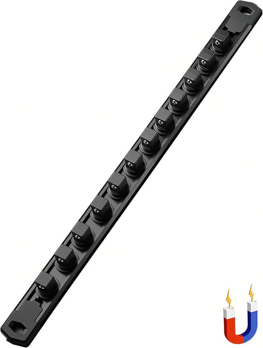 ALOANES 1/2-Inch Drive Magnetic Socket Organizer, Heavy Duty Aluminum Socket Rail Organizer, 360° Swivel Clips Socket Holder Kit for Tool Box, 1/2 Inch Socket Holder x 12 Clips (Black)