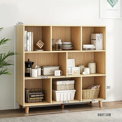 IOTXY Open Cube Low Bookcase - 3-Tier Freestanding Storage Display Cabinet Organizer with Legs for Home Office, 8-Cubes Open Shelf Short Bookshelf, Oak