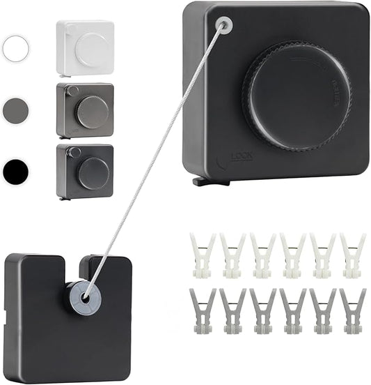 15.7Ft Retractable Clothesline Indoor an Anti-sag Retractable Clothesline Outdoor,Laundry Line Wall Mounted Stainless Steel Wire Laundry, with 12 Clip(Black)