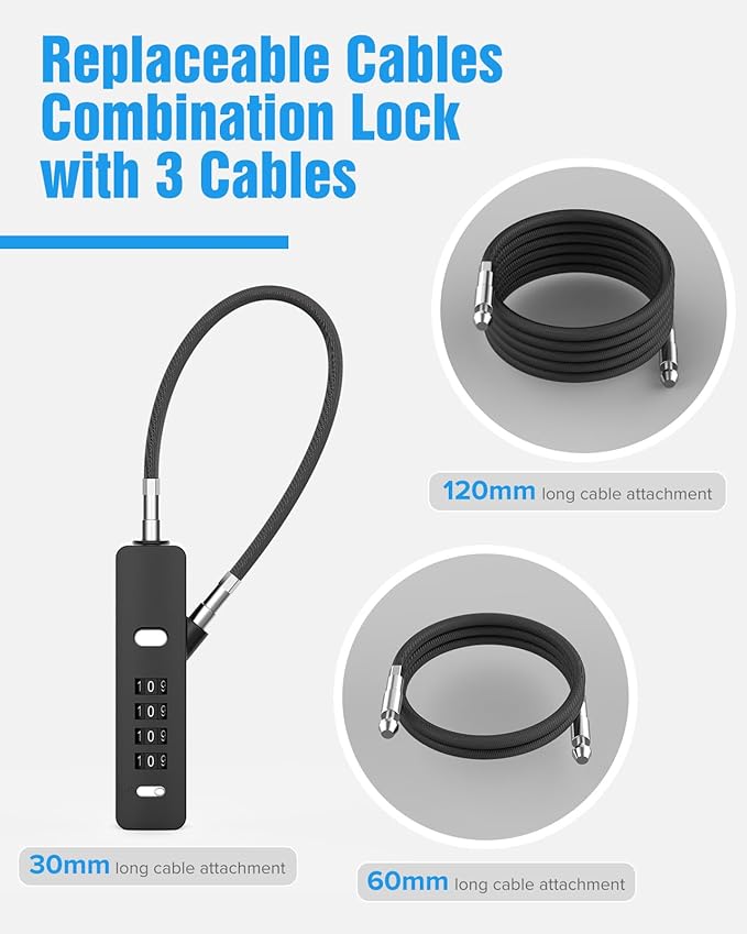 Combination Lock, 4-Digit Steel Cable Locks with Code, Locks for Lockers with 3 Lengths Cables for Bikes, File Cabinets, Wardrobes, Small Fences, Refrigerator Door (Black-1pc)