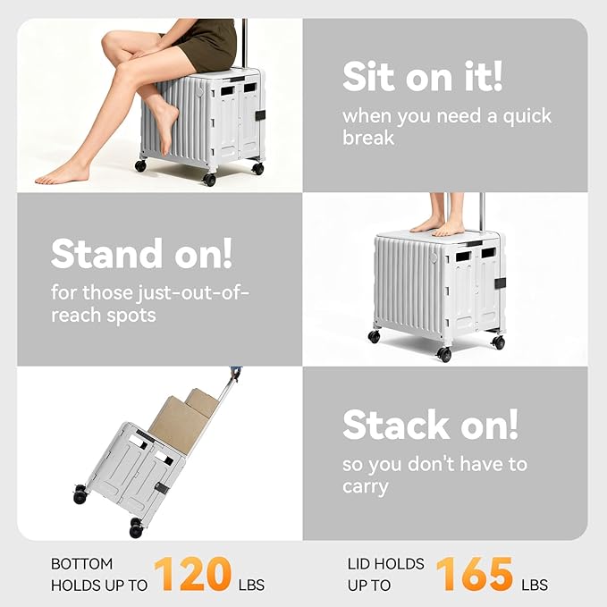 Folding Utility Cart (Gray), 4 360° Swivel Wheels Collapsible Rolling Crate with Lid, Heavy-Duty for Office/Home/Luggage, Teacher - Minimalist Style