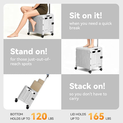 Folding Utility Cart (Gray), 4 360° Swivel Wheels Collapsible Rolling Crate with Lid, Heavy-Duty for Office/Home/Luggage, Teacher - Minimalist Style