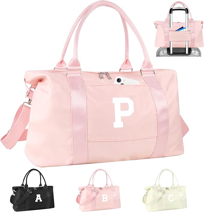 Initial Travel Duffel Bag Sports Gym Bag for Girls Teen Birthday Gifts,Pink Personalized Weekender Bag Carry On Tote Bags for Women Men,Waterproof Overnight Luggage Bag with Trolley Sleeve(Letter P)