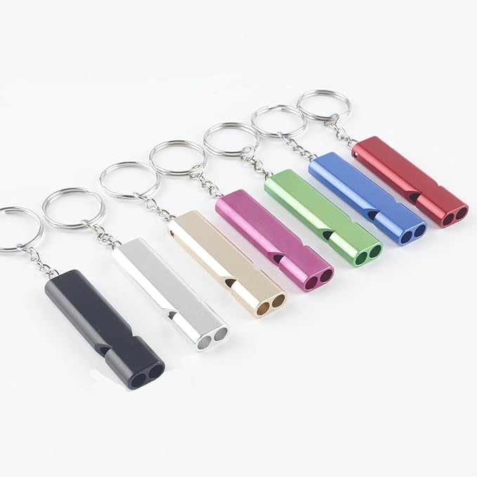 4-Pack Loud 120dB Double Tube Emergency Whistle - Aluminum Alloy, Corrosion-Resistant Safety Whistle with Lanyard & Keychain-Ideal for Camping Hiking Boating Fishing Survival Tool