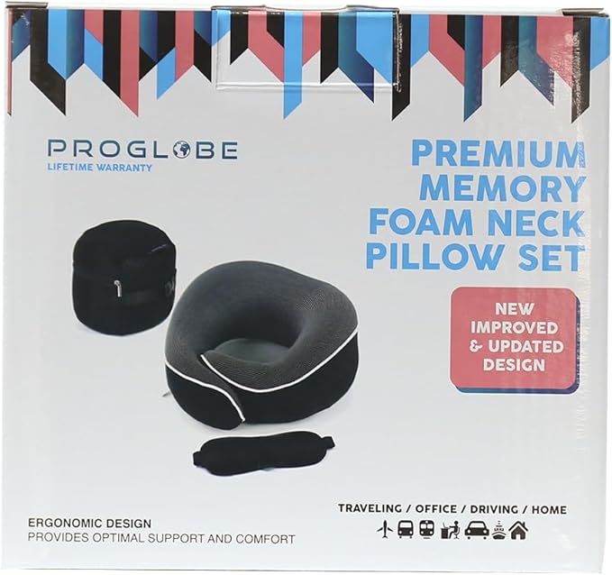 Orthopedic Neck Pillow, Travel Neck Pillows for Airplanes, Memory Foam Kit, 360° Head Support, Airplane Pillow Set with 3D Contoured Eye Masks, Earplugs, and Luxury Mesh Bag (Black)