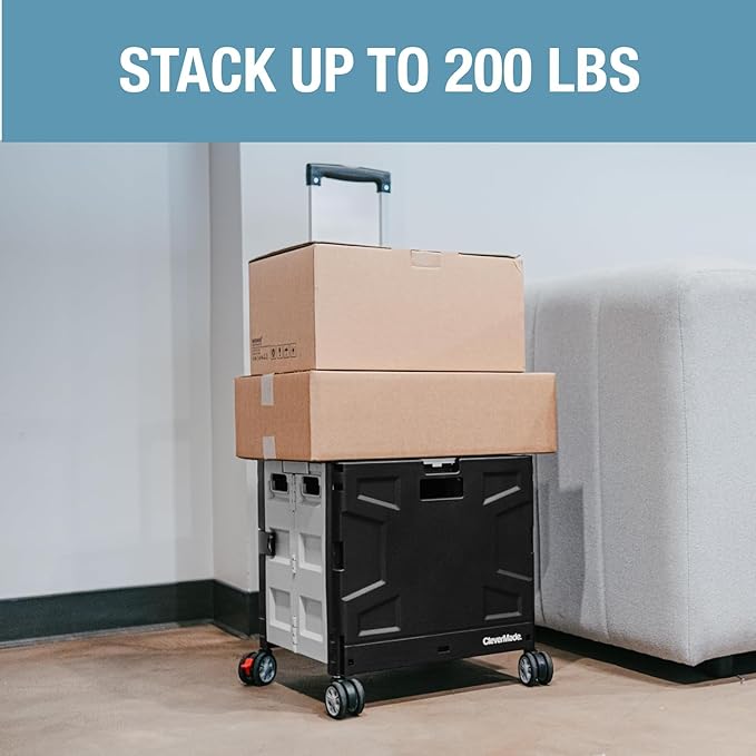 CleverMade Collapsible Wheeled Crate with Lid, 4-Wheels - Swivel and Glide Rolling Crate with Handle and Double Wheels for Easy Transport and Versatile Use - 55L and 100lb Capacity, Cool Gray