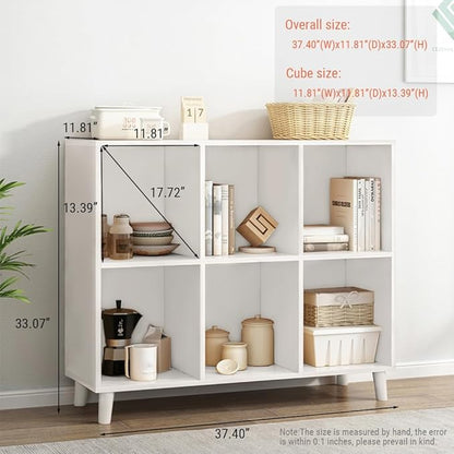 IOTXY Open Cube Low Bookcase - 2-Tier Freestanding Storage Display Cabinet Organizer with Legs for Home Office, 6-Cubes Open Shelf Short Bookshelf, White