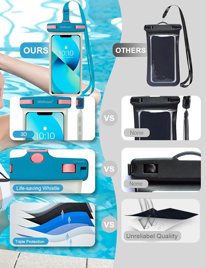 wellhouse Waterproof Phone Pouch, Waterproof Phone Case for iPhone 16 15 14 13 12 Pro Max XS Samsung, IPX8 3D Cellphone Dry Bag Beach Essentials (1 Pack - Luminous Blue7.0, 7 inch)