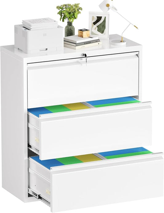 Bonusall 3 Drawer Lateral File Cabinet with Lock, Locking Metal lateral Filing Cabinet for Office Steel lateral File Cabinet, Large Horizontal File Cabinet Locked by Keys-White