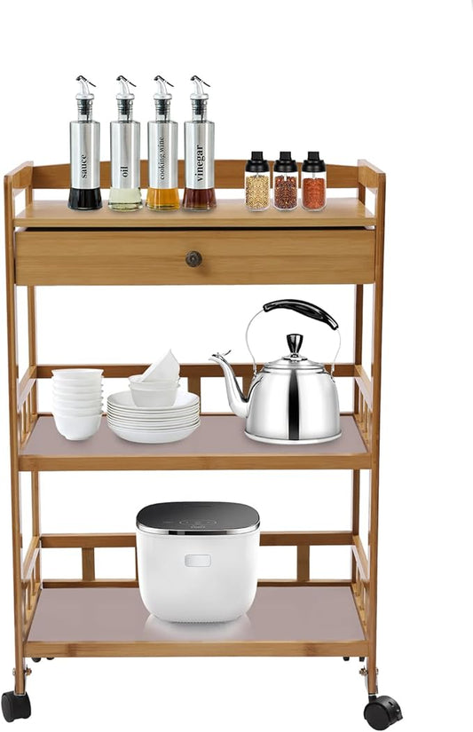 3 Tier Bamboo Storage Cart - Rolling Cart Removable Wood Trolley wit, Utility Cart Multi-Layer Storage Shelf Rack Bamboo Wine Rack with Wheels for Bar Dining Room Office Kitchen Kids' Room