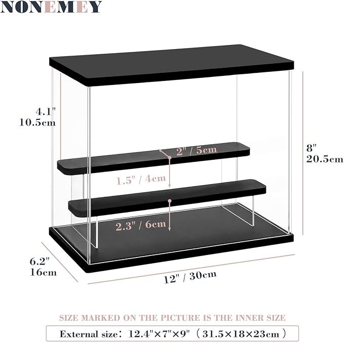 NONEMEY Clear Acrylic Display Case Stand with Led Light 2/3/4/5/6 Tier Storage Box Showcase Dustproof Organizer Box for Collectibles (3Tier 12.4*7*9inch)