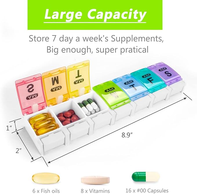 Extra Large Weekly Pill Organizer 2 Times a Day - Remtise Am/Pm Daily Pill Case Medicine Organizer, Push Button 7 Day Pill Box for Pills/Vitamin/Cod Liver Oil/Supplements (Rainbow)