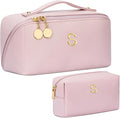 Birthday Gifts for Women Teen Girl, Personalized Initial Makeup Organizer Bag Set, Open Flat Travel Cosmetic Bag With Clear Divider and Handle(Pink,S)