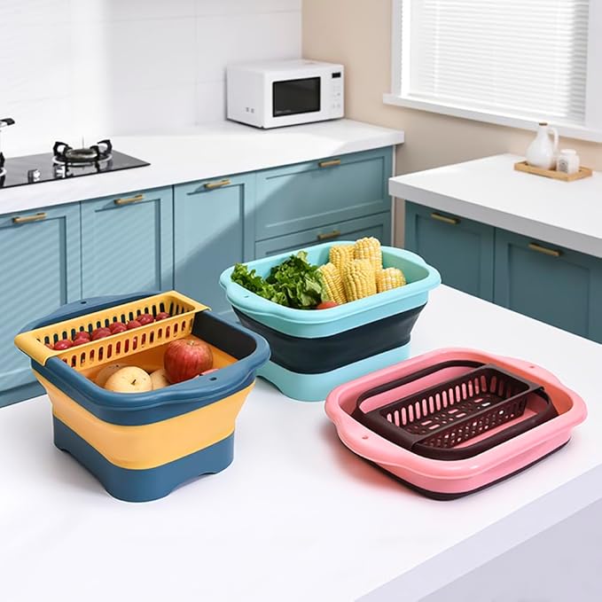 2.98 Gallon (11.28L) Collapsible Dish Basin with Drain Plug, Outdoor Multiuse Foldable Sink Tub, Dishpan, Wash Basin, Portable Kitchen Storage Tray for Camping, RV, Beverage Bucket (Green)