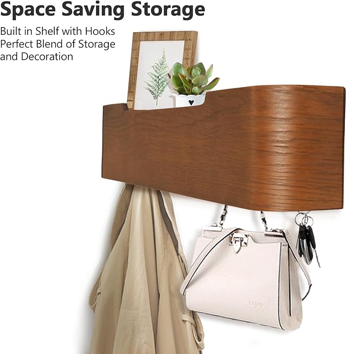 Coat Rack Wall Mount with Hidden Hooks Modern Key Holder Wood Entryway Hook with Shelf for Bedroom Kitchen Hallway Bathroom Designed for Hanging Coats Hats Bags Towel Dog Leashe(Walnut,4 Hooks)
