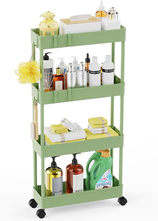 LEHOM 5.1" Slim Storage Cart - 4 Tiers Bathroom Organizer Mobile Shelving Unit Storage Rolling Utility Cart Slide Out Organizer for Kitchen Bathroom Laundry Narrow Places, Green