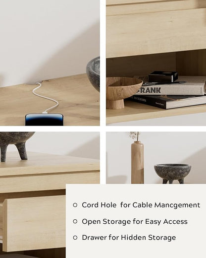 Mid Century Modern Floating Nightstand, Wall Mounted End Table with Drawer and Open Compartment Wooden Bedside Night Stand Small Storage Cabinet for Bedroom, Light Oak