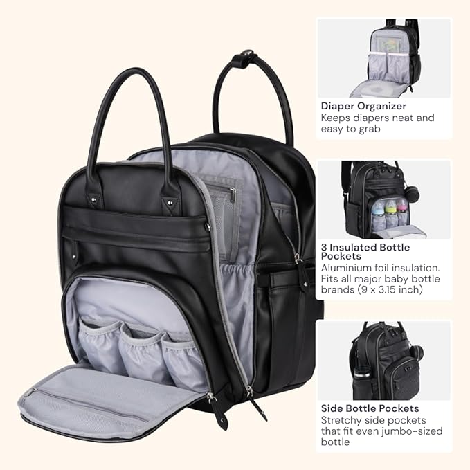 BabbleRoo Leather Diaper Bag Backpack - Baby Essentials Travel Baby Bag, Multi function, with Changing Pad, Stroller Straps & Pacifier Case – Unisex, Black