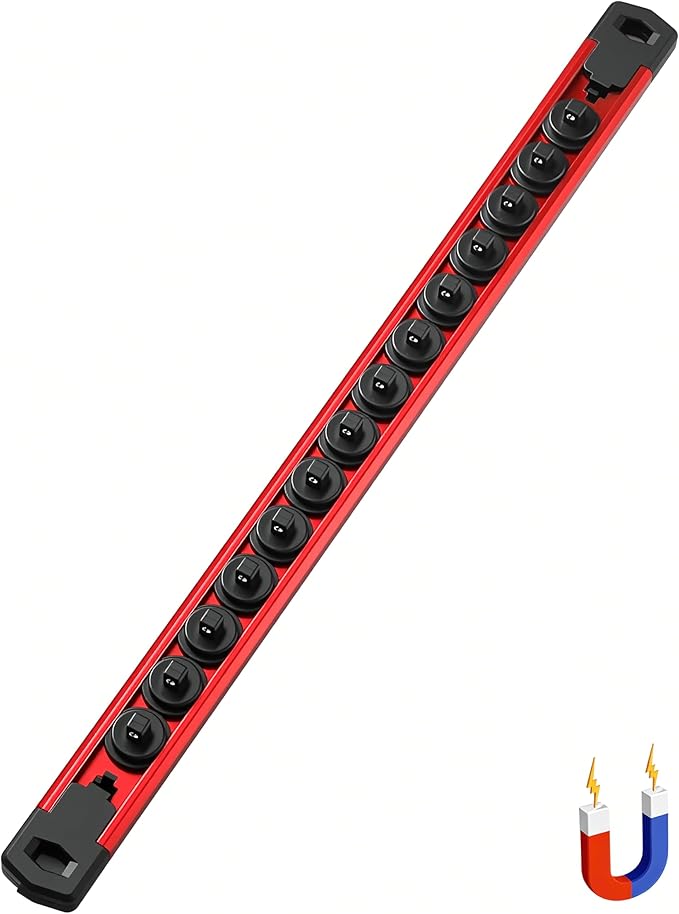 ALOANES 1/4-Inch Drive Magnetic Socket Organizer, Heavy Duty Aluminum Socket Rail Organizer, 360° Swivel Clips Socket Holder Kit for Tool Box, 1/4-Inch Socket Holder x 14 Clips (Red)