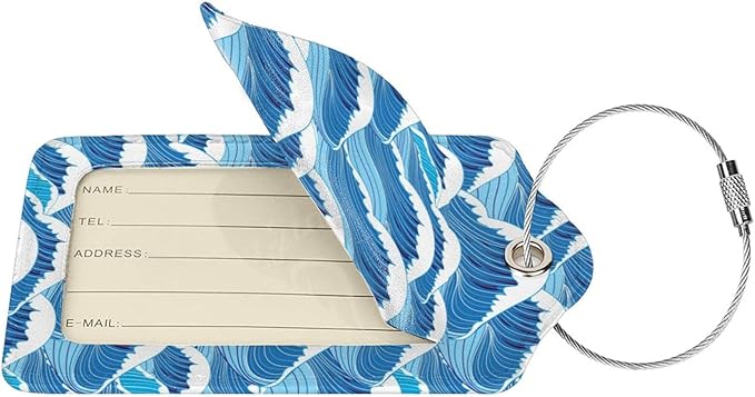 2PC Cartoon Waves Luggage Tag, Cute Blue Sublimation Printed Travel Suitcase Baggage Identifiers Tags for Women Men Kids Honeymoon Wedding Gift
