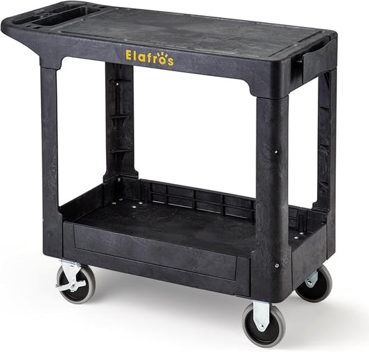 ELAFROS Heavy Duty Plastic Utility Cart Flat top 37 x 18.8 Inch - Work Cart Flat Shelves and 2 Fixed 2 Swivel Wheels Safely Holds up to 550 lbs - 2 Tier Service Cart for Warehouse,Garage, Black