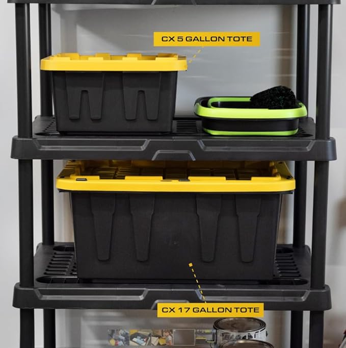 BLACK & YELLOW, 5-Gallon Heavy Duty Tough Storage Container & Snap-Tight Lid, (8.6"H x 12.3"W x 16.4"D), Weather-Resistant Design and Stackable Organization Tote [6 Pack]