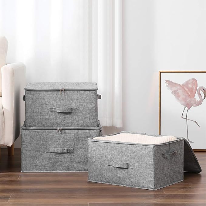ANMINY Storage Bins with Zipper Lids 51.9 Qt Lidded Fabric Storage Boxes Baskets Cubes with Handles Collapsible Washable Cotton Linen Closet Shelf Clothes Organizer - Gray, Extra Large