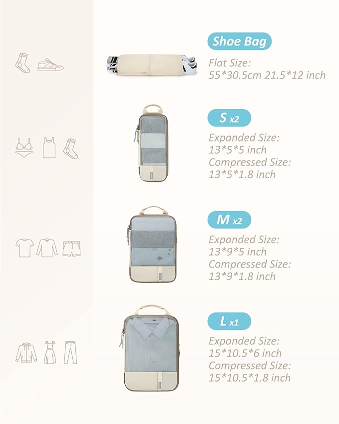 BAGSMART 6 Set Compression Packing Cubes - Lightweight Travel Essentials, Durable Luggage Organizer
