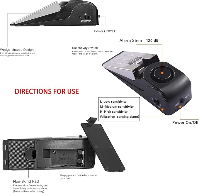 TOWODE Door Stop Alarm with 120DB Siren Door Stop for Home & Travel (Black) (Pack of 4)