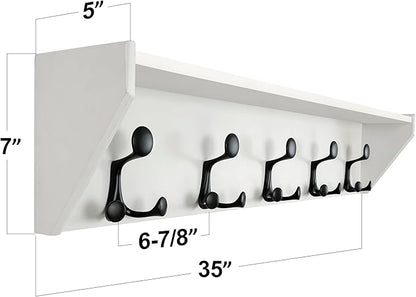 SKOLOO Wall Shelf with Hooks, 35-Inch White Coat Rack Wall Mount with Shelf Organizer - Lightweight & Sturdy, 5 Tri Hooks - Perfect for Entryway, Hallway, Living Room, Bedroom, Mudroom