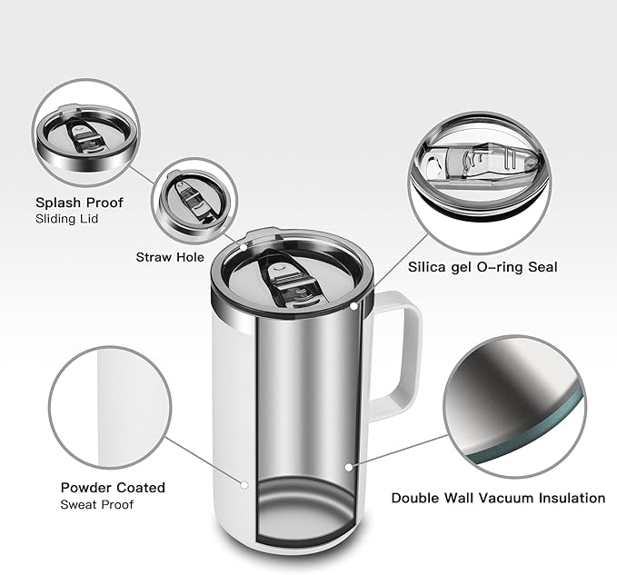 KXIAOCHEN 20oz Insulated Coffee Mug with Lid, Stainless Steel Coffee Cup, Double Wall Vacuum Coffee Tumbler with Handle, Premium Thermal Travel Coffee Mug (Pearl White)