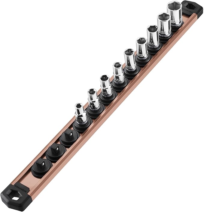 WORKPRO Magnetic Socket Organizer, 1/4-Inch Drive Aluminum Alloy Socket Rail, Heavy Duty Socket Holder, Socket Rack Kit 1/4-Inch x 12 Clips Champagne (Socket not Included)