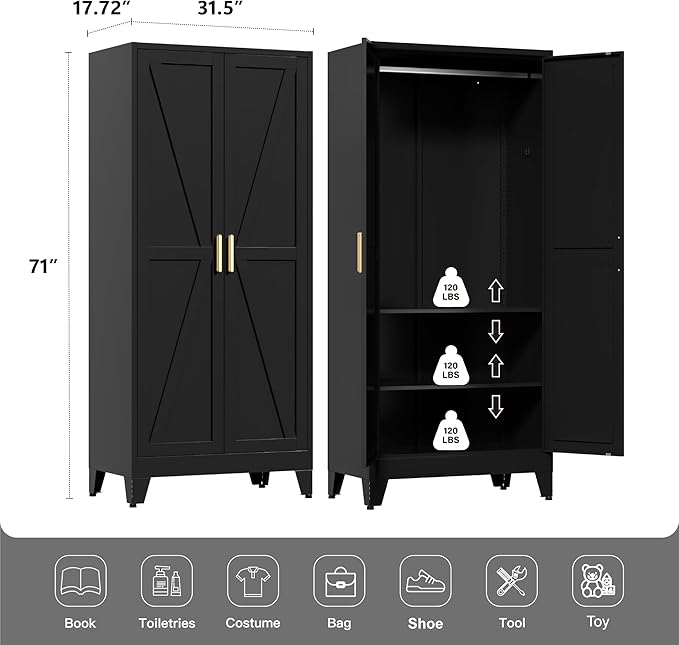 71" Tall Metal Wardrobe Closet with Adjustable Shelves and Hanging Rod, 2 Doors Free Standing Armoire Wardrobe Cabinet for Bedroom, Office, Laundry Room, Black
