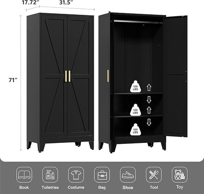 71" Tall Metal Wardrobe Closet with Adjustable Shelves and Hanging Rod, 2 Doors Free Standing Armoire Wardrobe Cabinet for Bedroom, Office, Laundry Room, Black