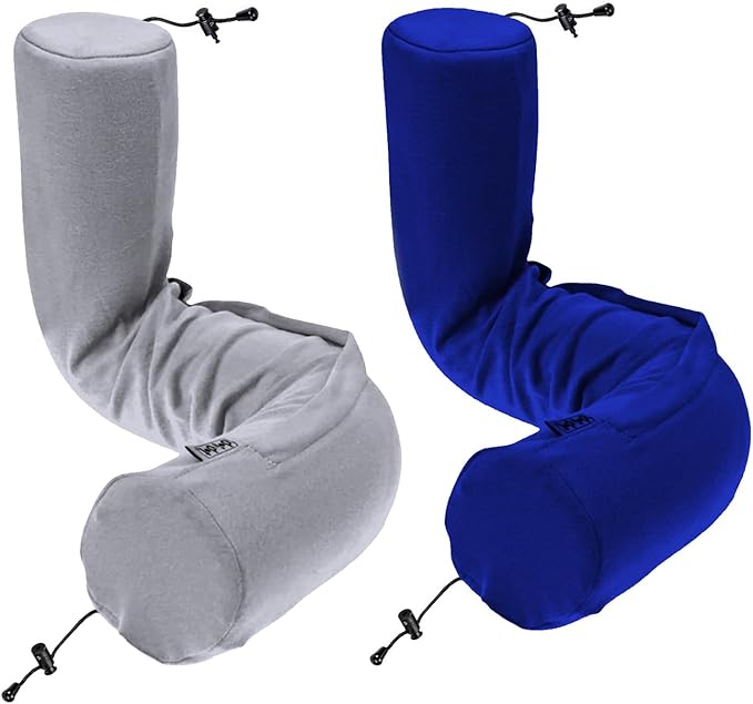 Dot&Dot Twist Memory Foam Travel Pillow for Airplanes - Travel Neck Pillow for Sleeping - Airplane Pillow for Neck Support, Chin, Lumbar and Leg - Adjustable, Bendable Neck Roll Pillow (Gray DBlue AC)