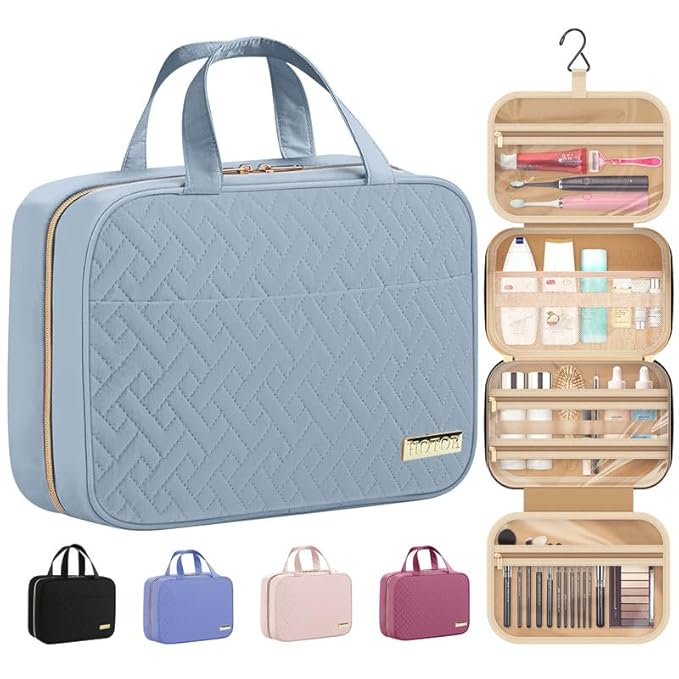HOTOR Travel Toiletry Bag w/Hanging Hook - Spacious Toiletry Bag Essentials for Women & Men, Makeup Bag/Big Comparment, Waterproof for Travel Accessories, Medium, Light Blue