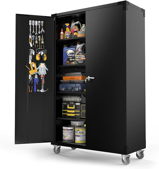 VINGLI Upgraded Wide & Deep Garage Storage Cabinet, Metal Storage Cabinet with Pegboards, Wheels, Locking Doors and Adjustable Shelves (Black, 43''W x 20''D x 72''H)