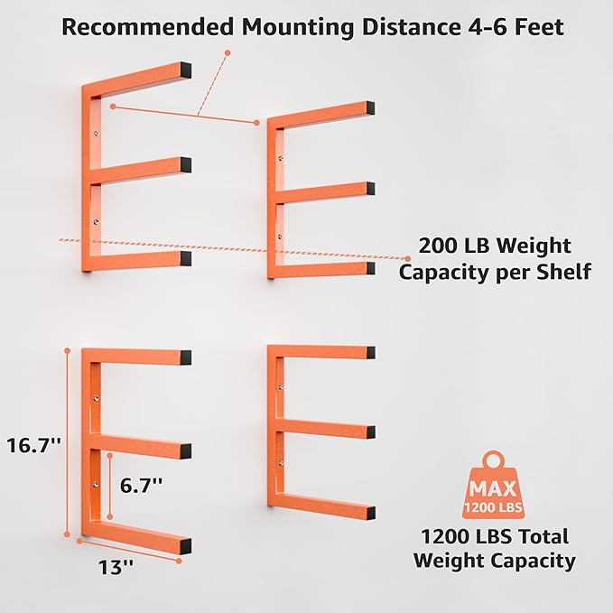 YYR Wood Organizer and Lumber Storage Rack Wall Mount, Heavy Duty Metal Shelf with 6-Level Holds Up 1200 LBS, Indoor & Outdoor Use - Orange