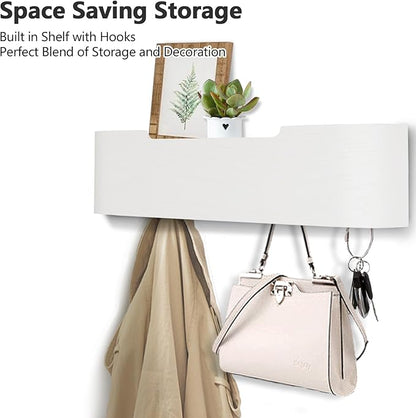 Coat Rack Wall Mount with Hidden Hooks Modern Key Holder Wood Entryway Hook with Shelf for Bedroom Kitchen Hallway Bathroom Designed for Hanging Coats Hats Bags Towels Dog Leashe(White,4 Hooks)